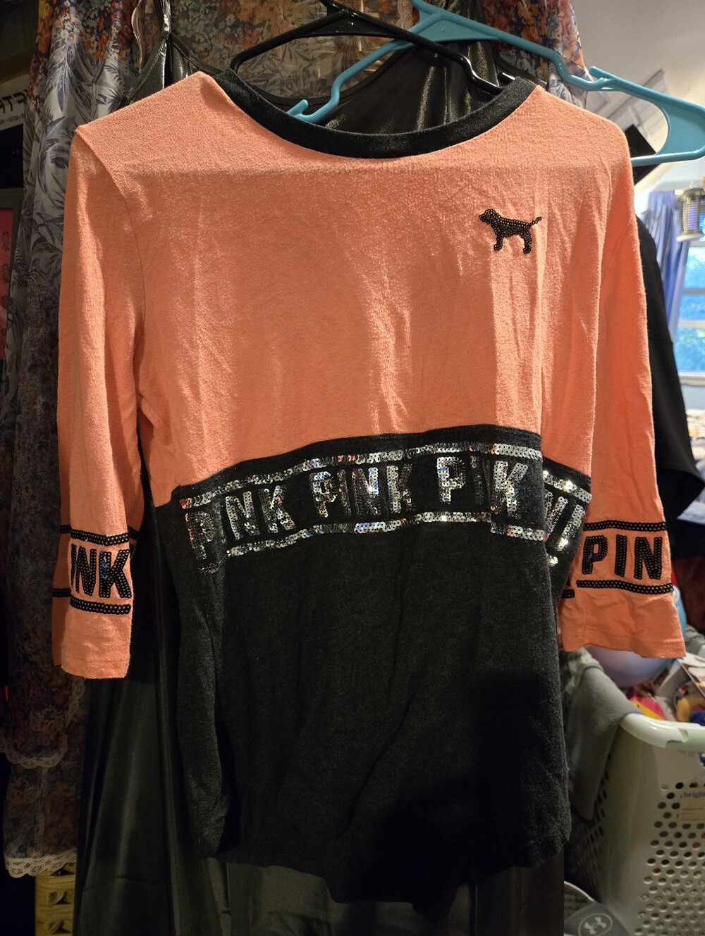 Pink Colorblock Long Sleeve Top in Coral and Black Glitter